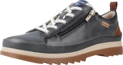 A single blue leather sneaker with white laces and a side zipper is shown against a white background.