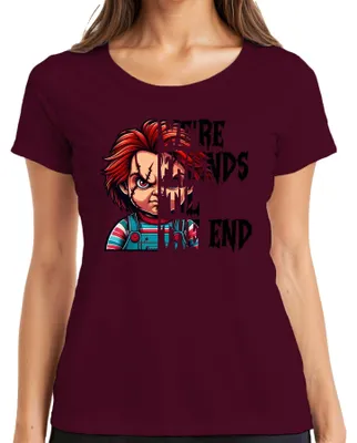 Zdjęcie produktu dla Chucky Puppe Horror Grusel Halloween Narbe Latzhose Rot Haar Damen T-Shirt, Burgundy, M