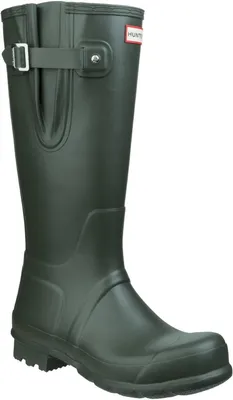 A single dark olive green Hunter rain boot is shown against a white background.