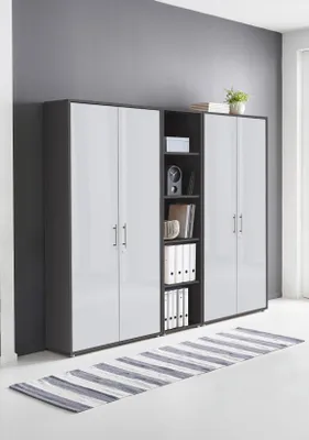 Produktbild von Aktenschrank TABOR 10 in anthrazit / weiß Hochglanz, Schrankwand, Büroschrank, abschließbar, Metallgriffe