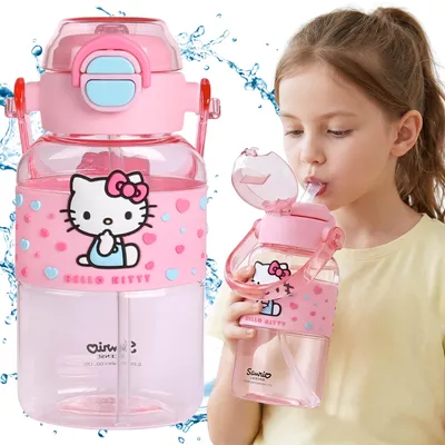 Produktbild von Hello Kitty Trinkflasche mit Trinkmundstück und Griff für Mädchen, transparent, mit Trinkhalm, 650 ml