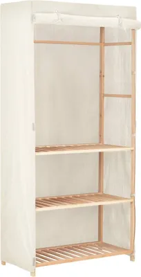 An empty wardrobe with wooden shelves and a hanging rod, covered by a beige fabric.