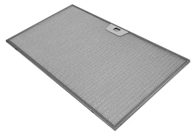 A silver metal range hood filter with a mesh pattern.