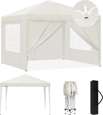 Produktbild von Pavillon 3x3 m faltbar, Pop-Up Faltpavillon wasserfest Winterfest, Grillpavillon stabil, Gartenpavillon mit Seitenwänden Fenstern Tasche, für Camping Strand Garten, Beige