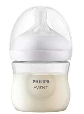 A Philips Avent baby bottle filled with milk, shown against a white background.