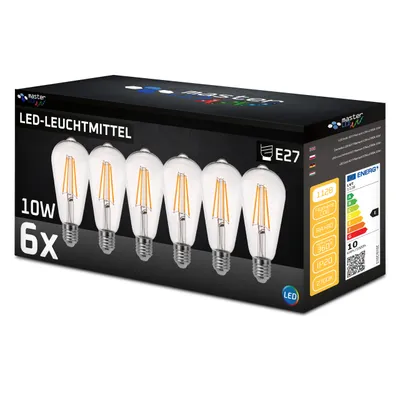 A box of six MasterLED E27 ST64 Filament LED bulbs.