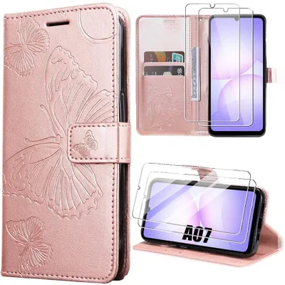 Image de Coque + 2 Verres Trempés pour Samsung Galaxy A07, Protection Anti-Rayures Effet Cuir Rose avec Motif Papillon