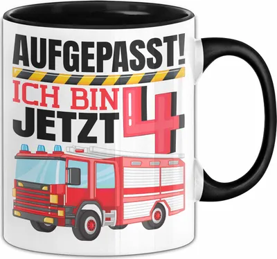 Produktbild von 4. Geburtstag Geschenk Tasse Becher Jungs Feuerwehr Aufgepasst Ich Bin Jetzt 4 (Schwarz)