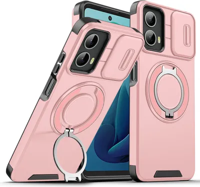 Immagine prodotto di Custodia a doppio strato per Motorola Moto G 5G 2024, con copertura scorrevole della fotocamera e supporto ad anello magnetico Rosa