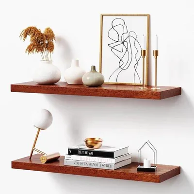 Image de Étagère suspendue en bois - Étagère murale en bois - Rangement décoratif - Bois de paulownia robuste - 61 cm - Noyer