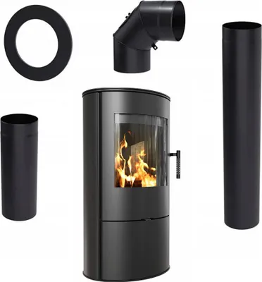 A black wood-burning stove with various chimney pipe accessories arranged around it on a white background.