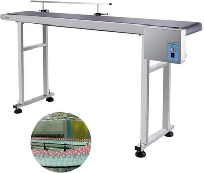 Zdjęcie produktu dla Przenośnik taśmowy z regulowaną barierką, 150 cm, napęd elektryczny, 30–120 obrotów na minutę, wózek transportowy, przenośnik rolkowy