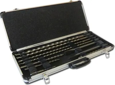 A set of drill bits and chisels in a silver case.