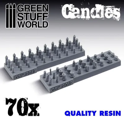 Produktbild von 70 Harz Kerzen für Miniaturen 25-35mm, 14 verschiedene Typen, unbemalt