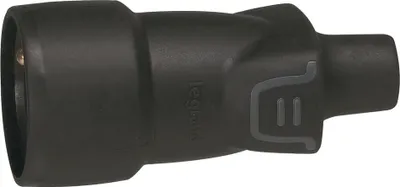 A black electrical connector on a white background.