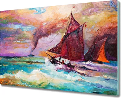Produktbild von Coloray Herdabdeckplatte 80x52 cm Schneidebrett Kochplattenabdeckung Küchenbrett Hackbrett - Meereswellen Schiffe