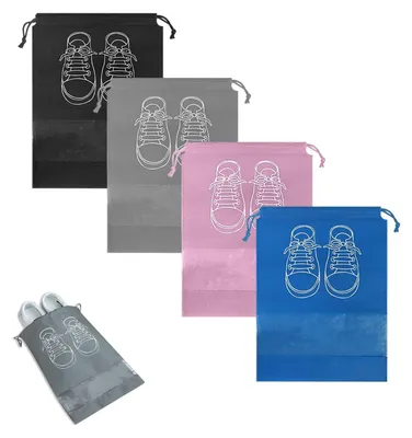 Image de Sac à chaussures de voyage - 36 x 26,5 cm - Non-tissé et PVC - Cordon de serrage - Noir, gris, bleu ciel, rose - Lot de 4