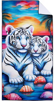 Produktbild von Strandtuch Mikrofaser 90x180 cm Schnelltrocknend mit Tasche Weiße Tigerbabys Motiv