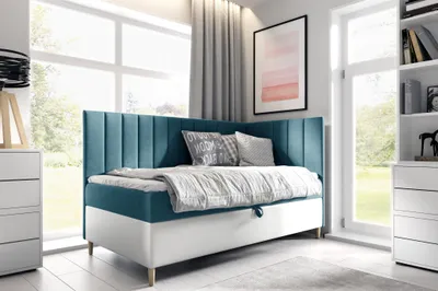 Produktbild von Boxspringbett Gästebett Kinderbett HELVI Nr.3 90x200cm Weiss-Türkis Seite Rechts