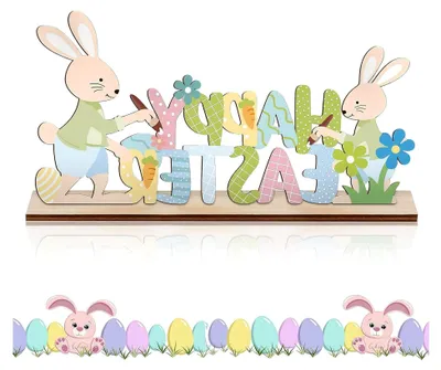 Produktbild von Holz Aufsteller mit Osterhase und Blumen, Tischdeko für Ostern und Frühling, Dekorativer Schriftzug für Fensterbank und Regal