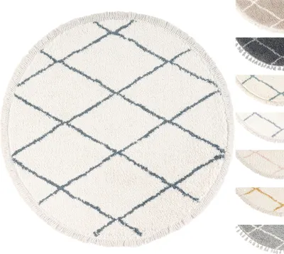 Produktbild von Rund Wohnzimmer Hochflor Teppich Ø120 cm Weiss Grau Diamantmuster , Super Soft Moderner Shaggy Teppich