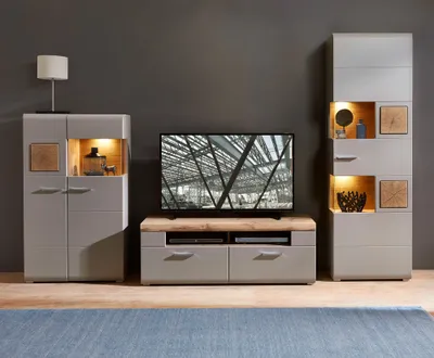 Produktbild von Wohnzimmer Komplett Set FARO-36 in basalt mit Absetzungen in Eiche Hirnholz Nb. mit LED Beleuchtung, B/H/T: ca. 325/205/47 cm