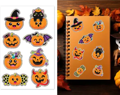 Produktbild von Halloween Kürbis Party Aufkleber Set Holografisch Fantasie Geister Katze Fledermaus Leuchtend Herbst Vielfalt, Farbe: Mehrfarbig