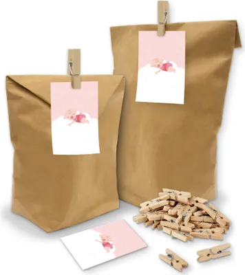 Produktbild von itenga SET Geschenktüten "Baby auf Wolke" rosa 24x Tüten+Klammern+Kärtchen