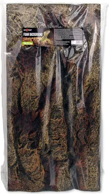 A foam background for a terrarium, packaged in plastic.
