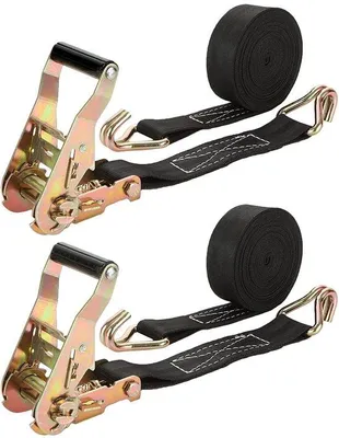 Image de Lot de 2 sangles de fixation robustes, 6 m x 4 cm, avec crochets, capacité de charge de 2 000 kg, noires, pour voiture, camion, bateau