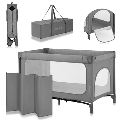 Image de Lionelo Lit de voyage 2en1 Jasmin Easy Fold Lit de voyage pour enfants 0-36 mois, Entrée latérale avec fermeture éclair, se plie et se déplie en quelques gris