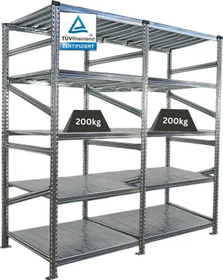 Produktbild von Fachbodenregal PROXIMO mit  Stecksystem | Komplettregal | HxBxT 200x180x80cm | 5 Ebenen | Fachlast 200 kg | Beidseitig nutzbar | Verzinkt