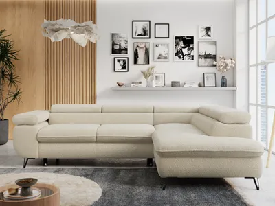 Produktbild von Ecksofa Sofa Beige, Wohnlandschaft L-Form mit Schlaffunktion und Bettkasten, Schlafsofa mit Bettkasten, Sofa mit Einstellbare Kopfstützen, Peter L - Beige Boucle - Rechts Beige