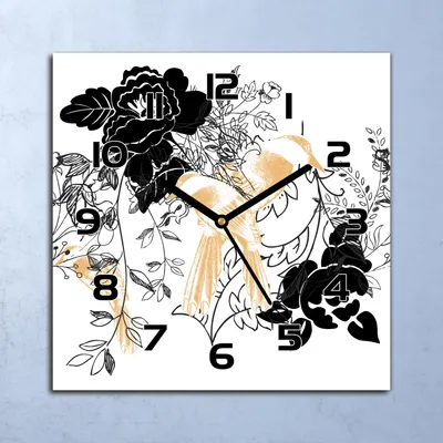 Produktbild von Wanduhr Echt-Glas-Küchenuhr Vögel & Blume Schwarz und Gelb 30x30 Deko Bilder