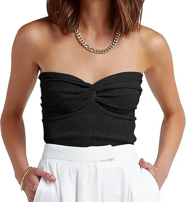 Produktbild von ASKSA Damen Tube Top Y2K Gerippt Knit Tops Twist Knot Bustier Trägerloses Ärmelloses Oberteile, Schwarz, S