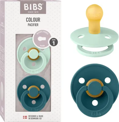 Produktbild von BIBS Colour Schnuller 2er-Pack, BPA-frei, Kirschform Nippel. Naturkautschuk/Latex, Hergestellt in Dänemark. Größe 1 | 0+ Monate | 2-Pack, Nordic Mint/Forest Lake