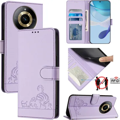Produktbild von Leder Hülle für Realme 11 4G Süße Katze Flip Case Brieftasche Schutzhülle mit Standfunktion Lila
