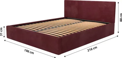 Obrázek produktu pro Muralo Čalouněná postel do ložnice Čalouněná postel s podnožkou Postel s čalouněným čelem Manželská postel 180x200 Postel s úložným prostorem Vínově červená
