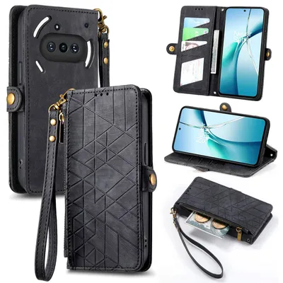 Obrázok produktu pre Puzdro typu „book wallet“ s zipsom a pútkom z umelej kože s geometrickým vzorom pre Nothing Phone 3a, čierne