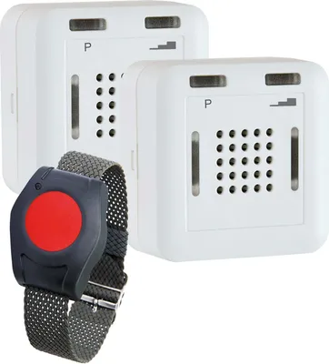 Produktbild von ELDAT Senioren Sicherheitspaket 3: Hausnotruf mit wasserdichtem Notrufarmband und Zwei Funk Empfängern für die häusliche Pflege; Notrufsystem: 2X Rufmelder und SOS Notruf Armband; Pflegeruf Set