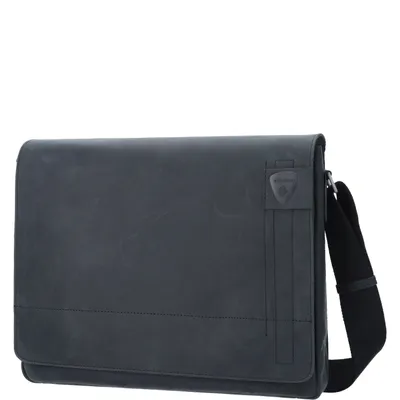 A dark gray messenger bag is shown against a white background.