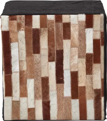 Image de HOMESCAPES Patchwork-Pouf noir-marron - Cube d'assise en fourrure & cuir, 36x38 cm