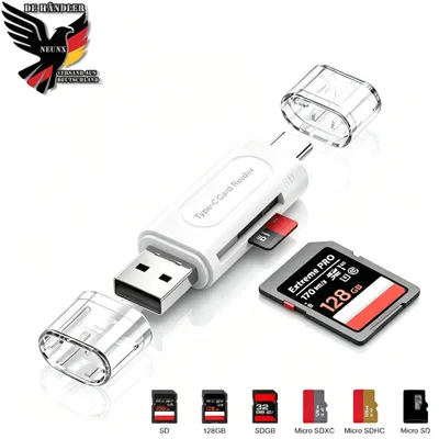 Produktbild von SD Kartenleser, USB C & USB 3.0 Micro SD Adapter Speicherkartenleser für microSD, SDHC SDXC Kompatibel mit iPhone 17/16/15, MacBook Pro/Air Handy Weiß