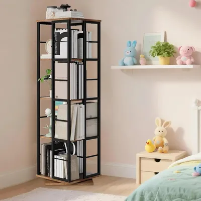 Obrázok produktu pre Knižnica – otočná o 360° – 4 police – 40x40x137 cm – kovová konštrukcia z ocele – industriálny dizajn – čierna farba