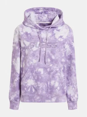 Imagen del producto de Sudadera para mujer GUESS, corte regular, diseño "Dora Tie-Dye", color lila y blanco, confeccionada en algodón, con bolsillo tipo "canguro" y logo bordado