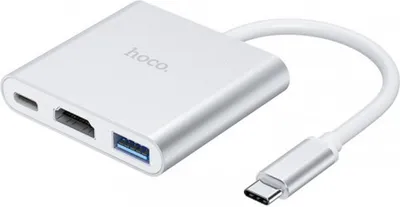 A white HOCO brand USB-C hub adapter with HDMI and USB 3.0 ports, and a USB-C power delivery port, is shown on a white background.