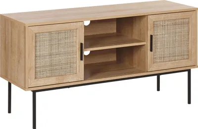 Produktbild von BELIANI Szafka RTV jasne drewno rattanowy front 120 x 63 cm dwudrzwiowa boho plecionka metalowe nogi
