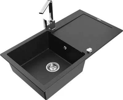 Produktbild von Mexen Leo 1 Becken-Granitspüle mit Abtropffläche und Mischbatterie Rita, Schwarz/Silbermetallic - 6501-73-670300-00