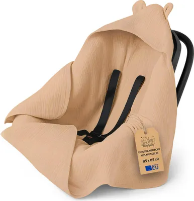 Produktbild von Musselin Einschlagdecke Babyschale Sommer 85x85 cm beidseitig mit Kapuze Beige