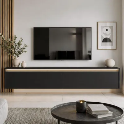 Produktbild von Hängendes TV-Lowboard LUMI 170 cm in Schwarz matt - Hängender Fernsehschrank mit LED-Beleuchtung & Push-to-Open